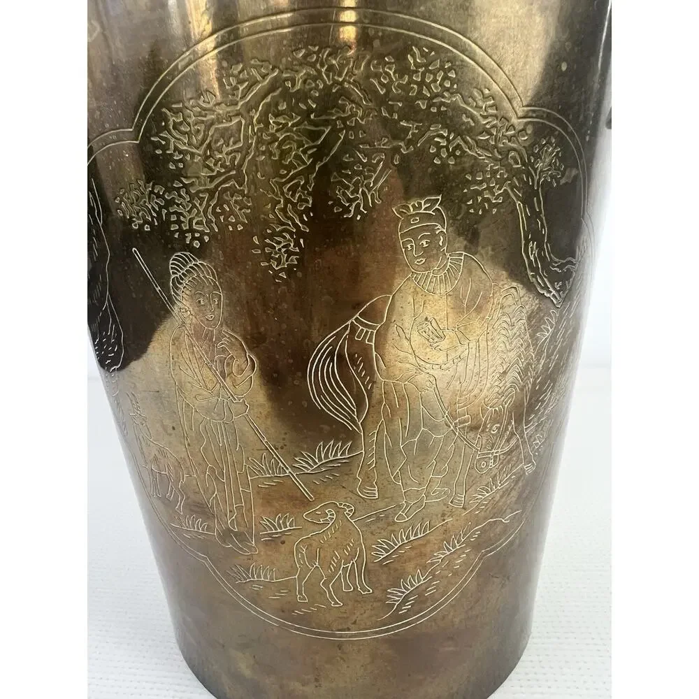 Vintage Brass Ice Bucket Wine Cooler Engraved Etched Planter Asian Scenic Handle